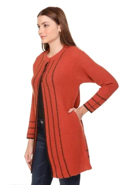 CLAPTON Women Round Neck Rust Full Sleeve With Pocket Wool Cardigan (Outer Long) - XXL, Rust, Wool, Pack of1
